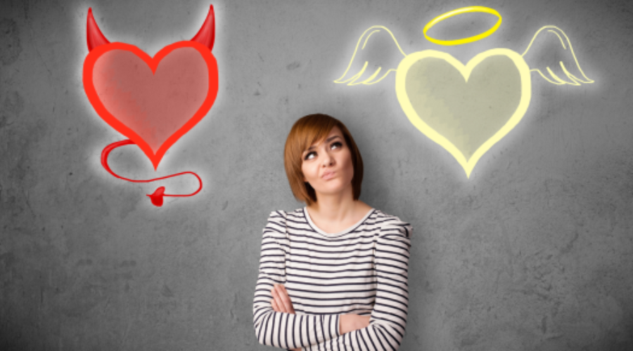 Person contemplating quitting cigarettes, symbolized by a devilish heart (addiction) and angelic heart (healthy lifestyle). Overcoming cigarette addiction through mindset shift.