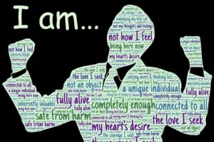 The image features positive affirmations like "I am...", "fully alive," "completely enough," and "safe from harm," which aligns well with the theme of self-empowerment and personal growth. The silhouette of a person in a triumphant pose reinforces the idea of overcoming challenges and achieving one's potential. Additionally, the use of words like "a unique individual" and "connected to all" encourages self-reflection and a positive mindset, both key elements of self-improvement.