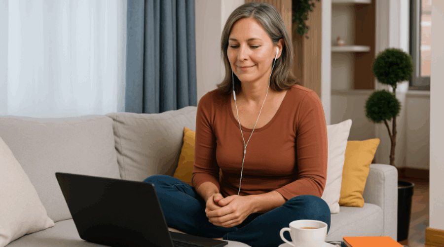 Woman in her 50s enjoying an online hypnosis near me session from her cozy living room