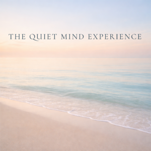 The Quiet Mind Experience hypnosis audio cover featuring a calm sunrise beach scene