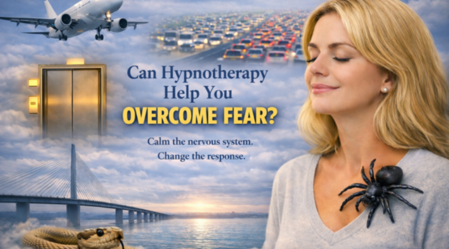 Can hypnotherapy help you overcome fear with airplane, traffic, elevator, bridge, snake, spider, and calm woman