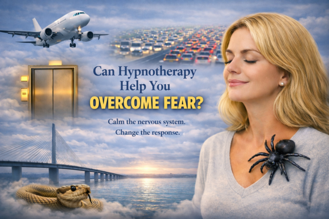 Can hypnotherapy help you overcome fear with airplane, traffic, elevator, bridge, snake, spider, and calm woman