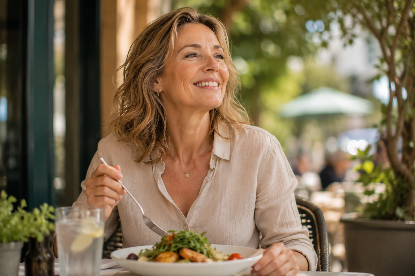 Woman enjoying a meal at an outdoor cafe after finding IBS relief through hypnotherapy in Venice FL