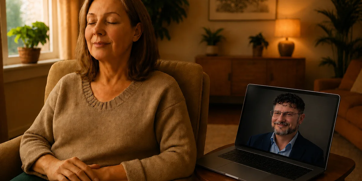 Hypnosis therapy online - client relaxing at home during a virtual session with Tim Ryan on laptop