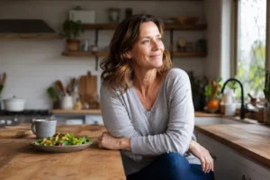 Woman at peace with food in a sunlit kitchen - natural alternative to GLP-1 weight loss drugs through hypnotherapy