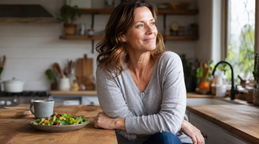 Woman at peace with food in a sunlit kitchen - natural alternative to GLP-1 weight loss drugs through hypnotherapy